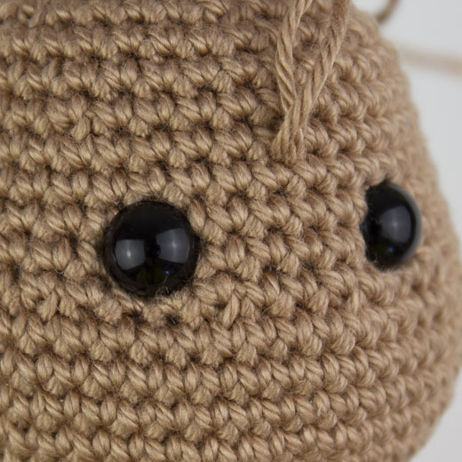 Die Fäden hinter die Sicherheitsaugen ziehen, dass sie umschlossen sind